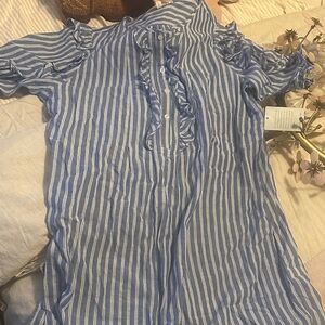 Max Studio Blue and White Striped Ruffle Cold-Shoulder Dress